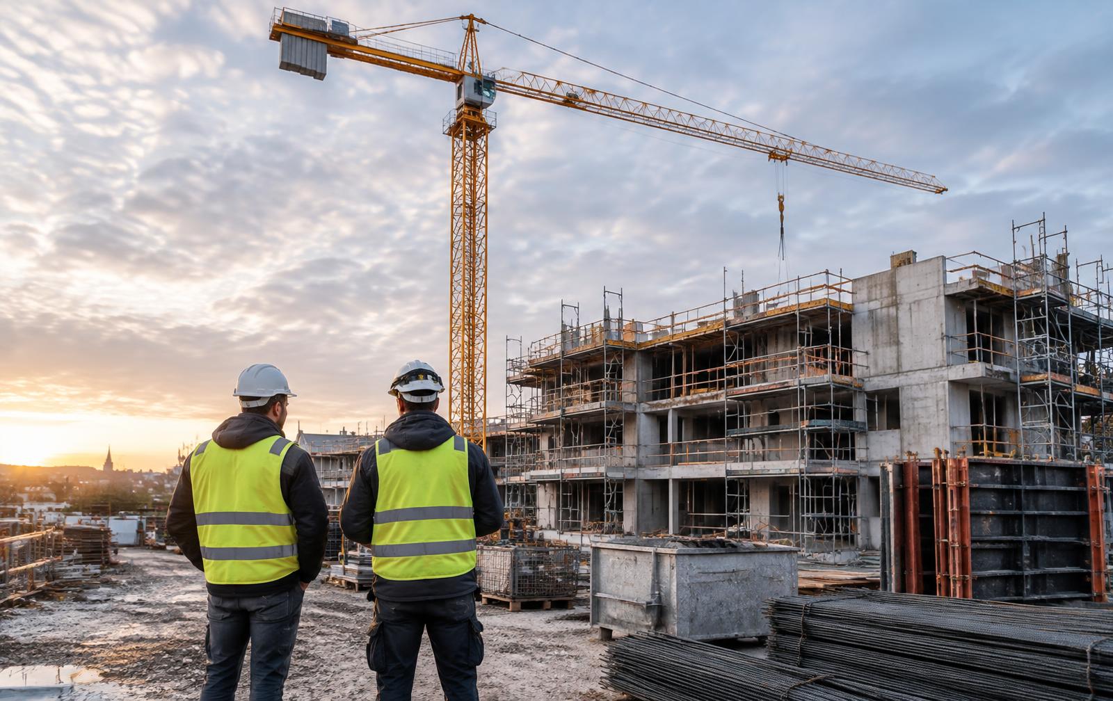 Grue à tour au-dessus d’un bâtiment en construction, avec deux professionnels en équipement de sécurité — Jean Latour